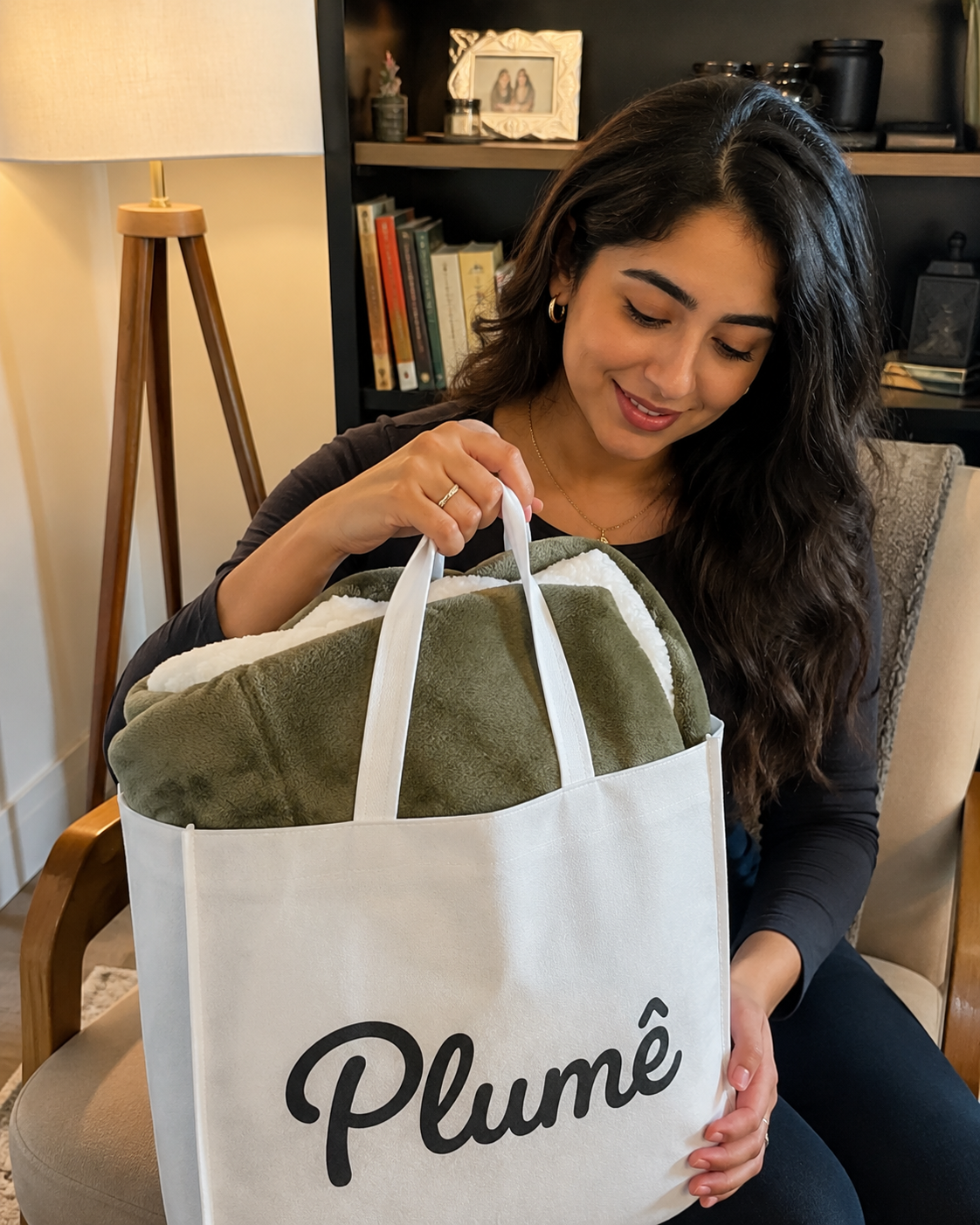 Cliente com cobertor Plumê verde oliva na sacola